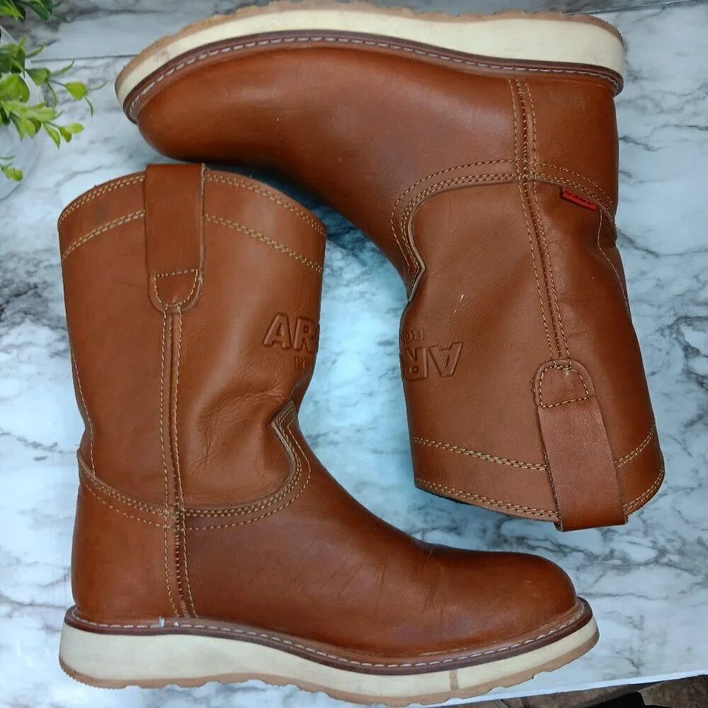ARCO MEN'S WORK BOOTS ROUND TOE GENUINE LEATHER PULL ON SOFT TOE LIGHT BROWN 7